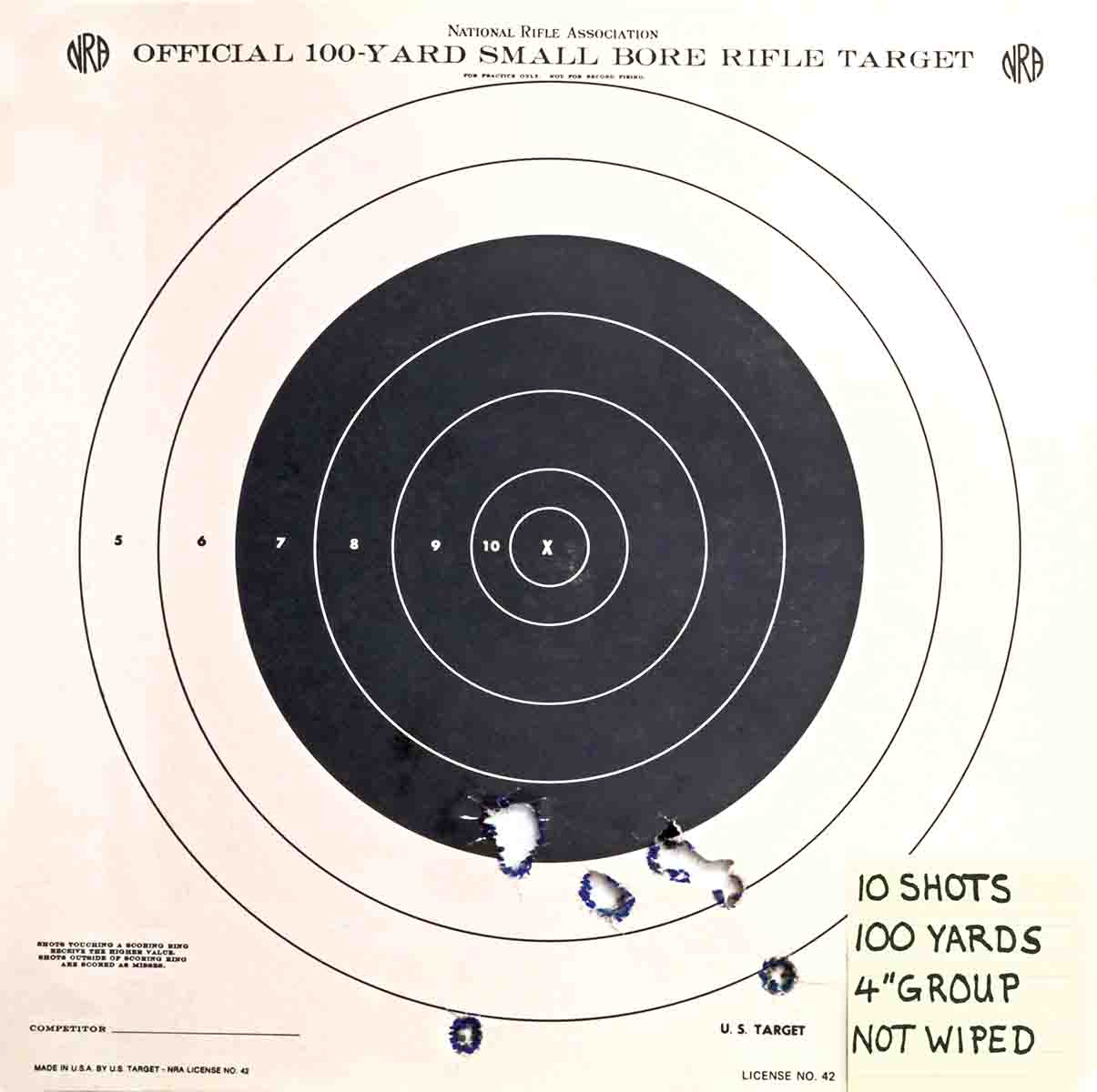 A test to determine group size with no cleaning for 10 shots. It was only slightly larger than the average 5-shot group of 3.18 inches.